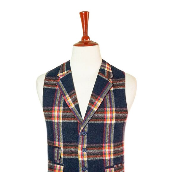Mens 46R Wool Blue Orange Red Plaid Vest Waistcoat Wedding Party Formal Casual - Picture 3 of 8